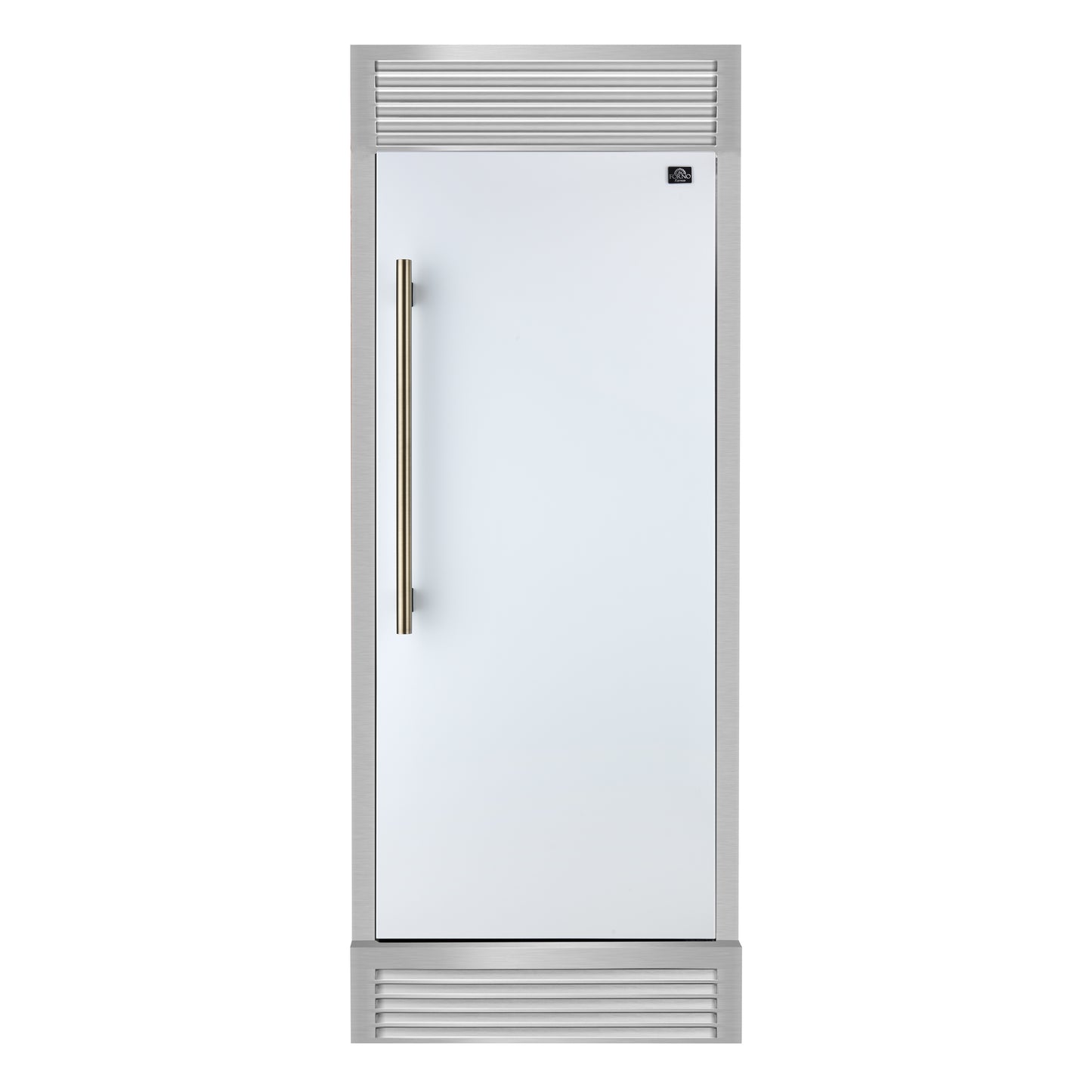 Refrigerador convertible empotrado Forno Maderno de 28 pulgadas en blanco con manija de latón antiguo, 13.6 pies cúbicos, apertura a la derecha con borde decorativo, 32 pulgadas de ancho