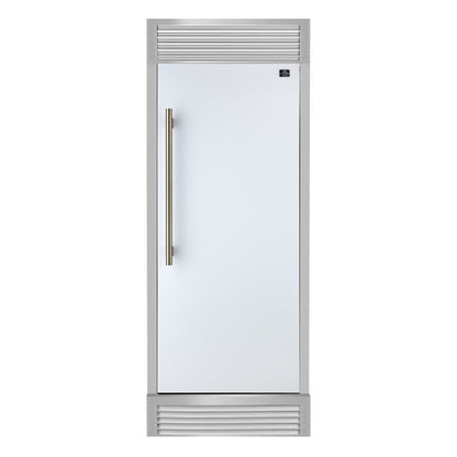 Refrigerador convertible empotrado Forno Maderno de 28 pulgadas en blanco con manija de latón antiguo, 13.6 pies cúbicos, apertura a la derecha con borde decorativo, 32 pulgadas de ancho