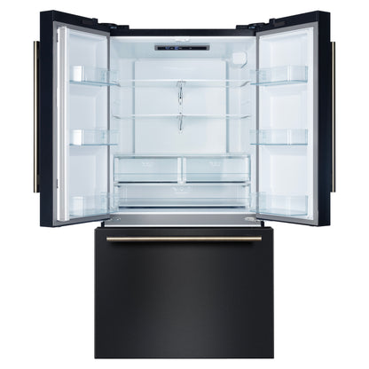 Refrigerador Forno Rivello de 36 pulgadas con puerta francesa en negro con latón antiguo, dispensador de agua interno, hielo filtrado, estantes ajustables, certificación Energy Star