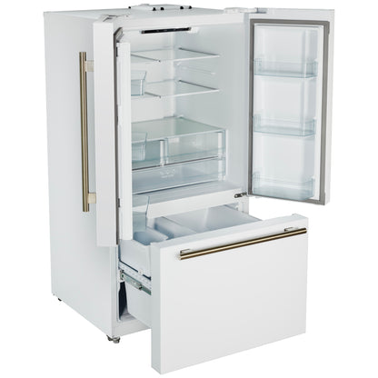 Refrigerador Forno Rivello de 36 pulgadas con puerta francesa en blanco con latón antiguo, dispensador de agua interno, hielo filtrado, estantes ajustables, certificación Energy Star