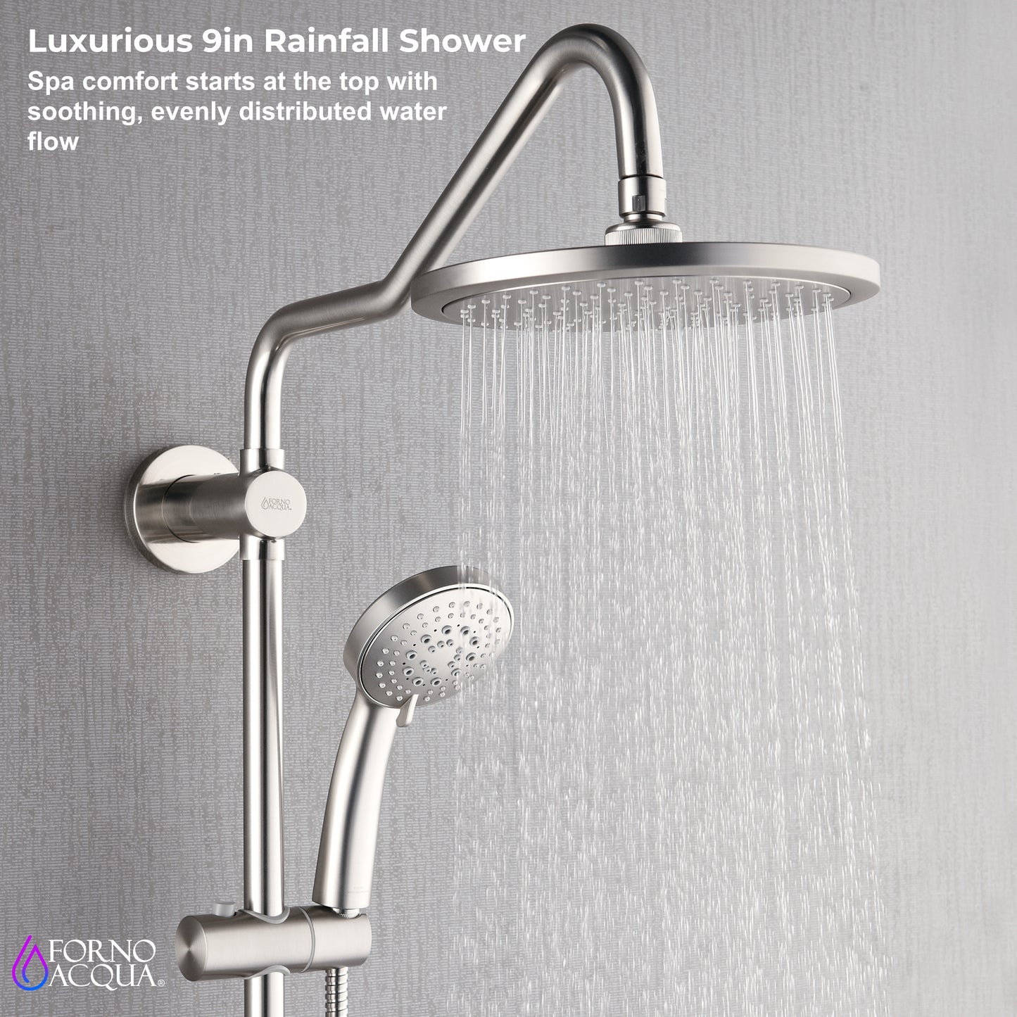 Forno Acqua AcquaSPA Retrofit Shower, Overhead Rainfall Shower, Handheld Shower Head, Body Jets, 6 Way Diverter, Brushed Nickel Finish, 1.8 GPM Flow Rate