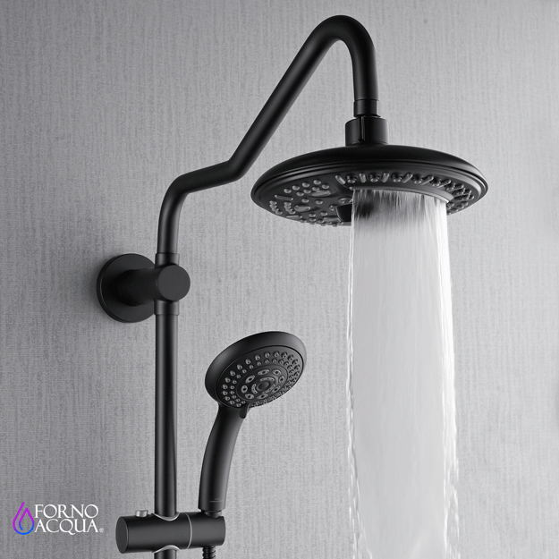Forno Acqua AcquaSPA Retrofit Shower, Overhead Rainfall, 8 Inch Shower Head, Handheld Shower Head, Body Jets, 6 Way Diverter, Matte Black Finish, 1.8 GPM Flow Rate