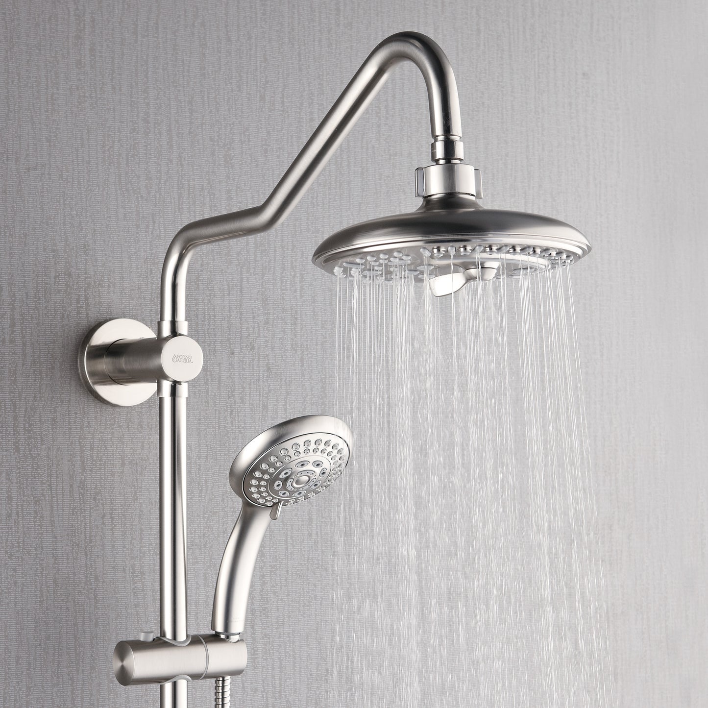 Forno Acqua AcquaSPA Retrofit Shower, Overhead Rainfall, 8 Inch Shower Head, Handheld Shower Head, Body Jets, 6 Way Diverter, Brushed Nickel Finish, 1.8 GPM Flow Rate