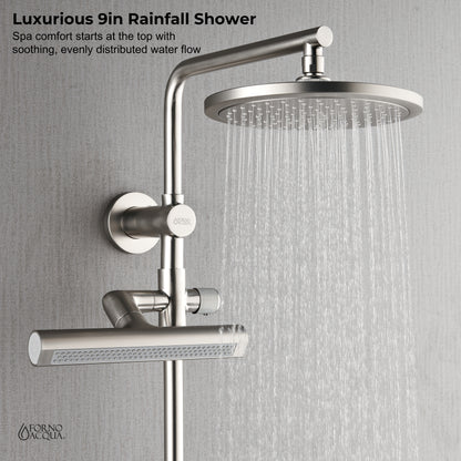 Forno Acqua AcquaFALL Shower, Brushed Nickel Finish, Overhead Rainfall Shower, Handheld Shower Head, Body Jets, 1.8 GPM Flow Rate