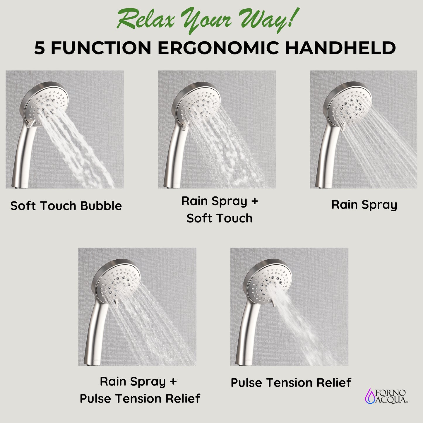 Forno Acqua AcquaFALL Shower, Brushed Nickel Finish, Overhead Rainfall Shower, Handheld Shower Head, Body Jets, 1.8 GPM Flow Rate