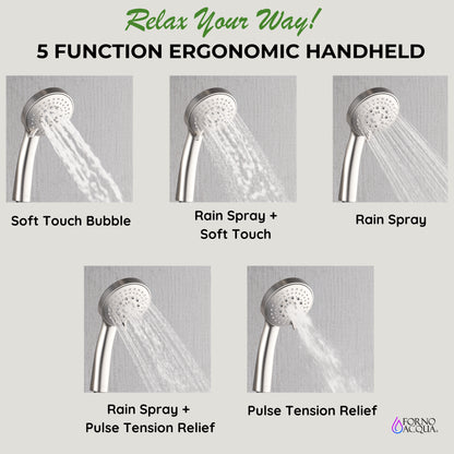 Forno Acqua AcquaFALL Shower, Brushed Nickel Finish, Overhead Rainfall Shower, Handheld Shower Head, Body Jets, 2.5 GPM Flow Rate