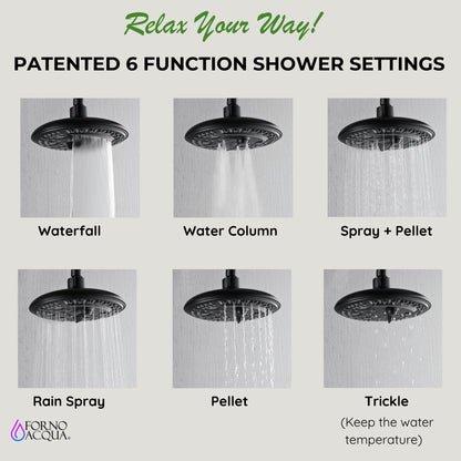 Forno Acqua AcquaFALL Shower, Matte Black Finish, Overhead Rainfall Shower, 7 Way Diverter, Handheld Shower Head, Body Jets, 1.8 GPM Flow Rate