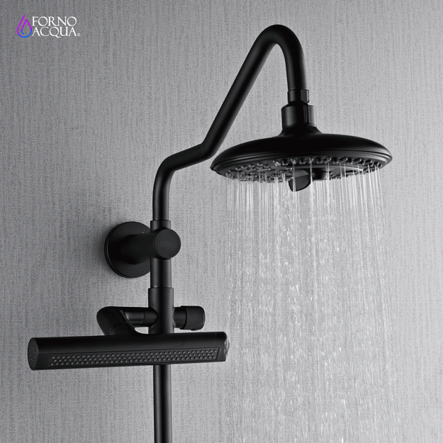 Forno Acqua AcquaFALL Shower, Matte Black Finish, Overhead Rainfall Shower, 7 Way Diverter, Handheld Shower Head, Body Jets, 2.5 GPM Flow Rate