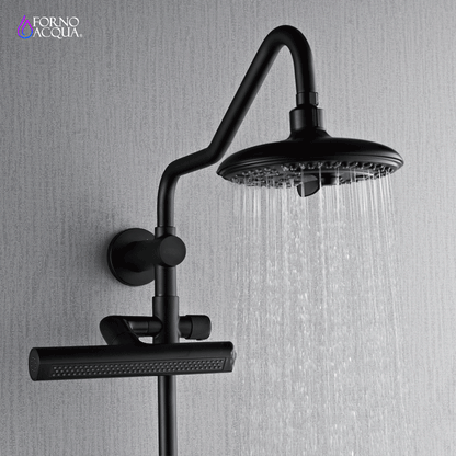 Forno Acqua AcquaFALL Shower, Matte Black Finish, Overhead Rainfall Shower, 7 Way Diverter, Handheld Shower Head, Body Jets, 2.5 GPM Flow Rate