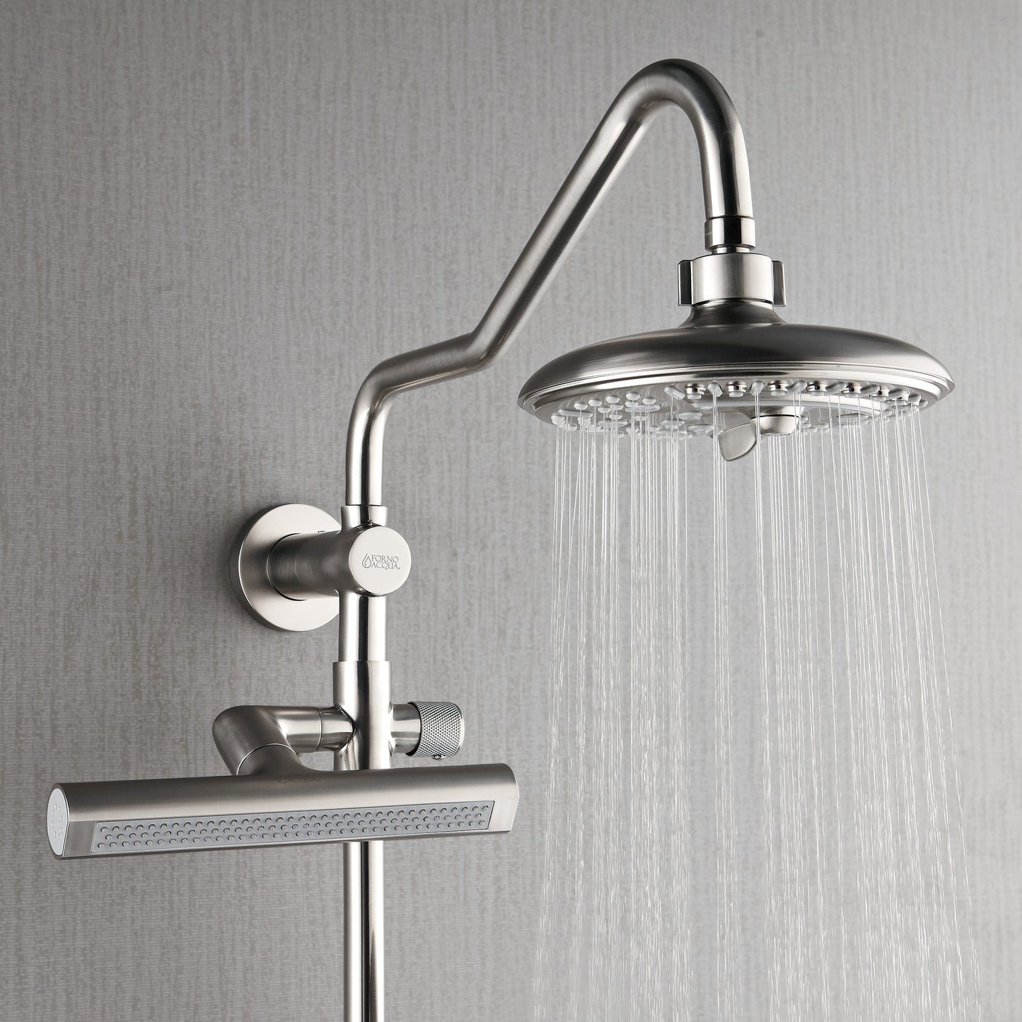 Forno Acqua AcquaFALL Shower, Brushed Nickel Finish, Overhead Rainfall Shower, 7 Way Diverter, Handheld Shower Head, Body Jets, 1.8 GPM Flow Rate
