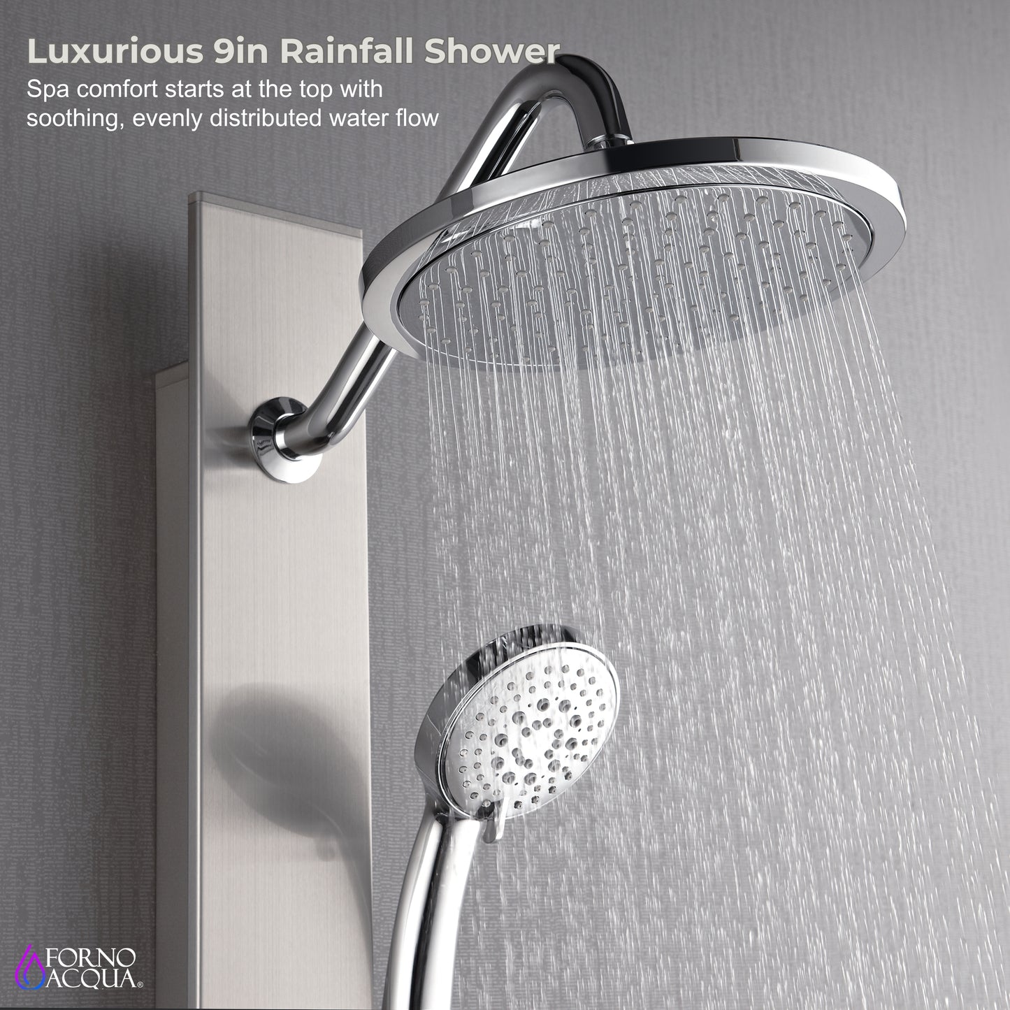 Forno Acqua AcquaSpa Shower Panel with SensoTemp, Stainless Steel, Overhead Rainfall Shower, Handheld Shower Head, Body Jets, 2.5 GPM Flow Rate