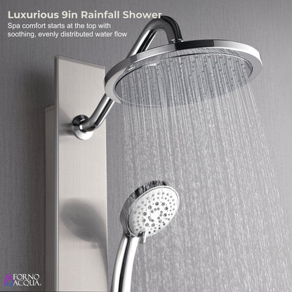 Forno Acqua AcquaSpa Shower Panel with SensoTemp, Stainless Steel, Overhead Rainfall Shower, Handheld Shower Head, Body Jets, 2.5 GPM Flow Rate