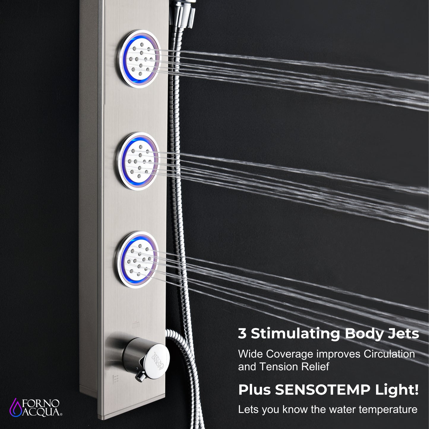 Forno Acqua AcquaSpa Shower Panel with SensoTemp, Stainless Steel, Overhead Rainfall Shower, Handheld Shower Head, Body Jets, 2.5 GPM Flow Rate