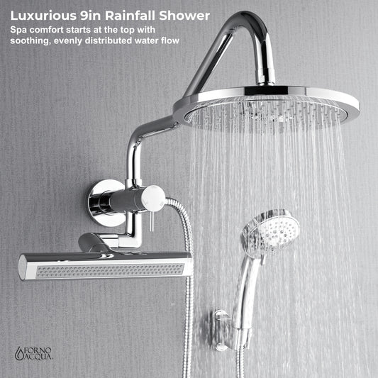 Forno Acqua AcquaFALL Mini Shower Head, Polished Stainless Steel Finish, Overhead Rainfall Shower, 7 Way Diverter, Handheld Shower Head, Body Jets, 1.8 GPM Flow Rate