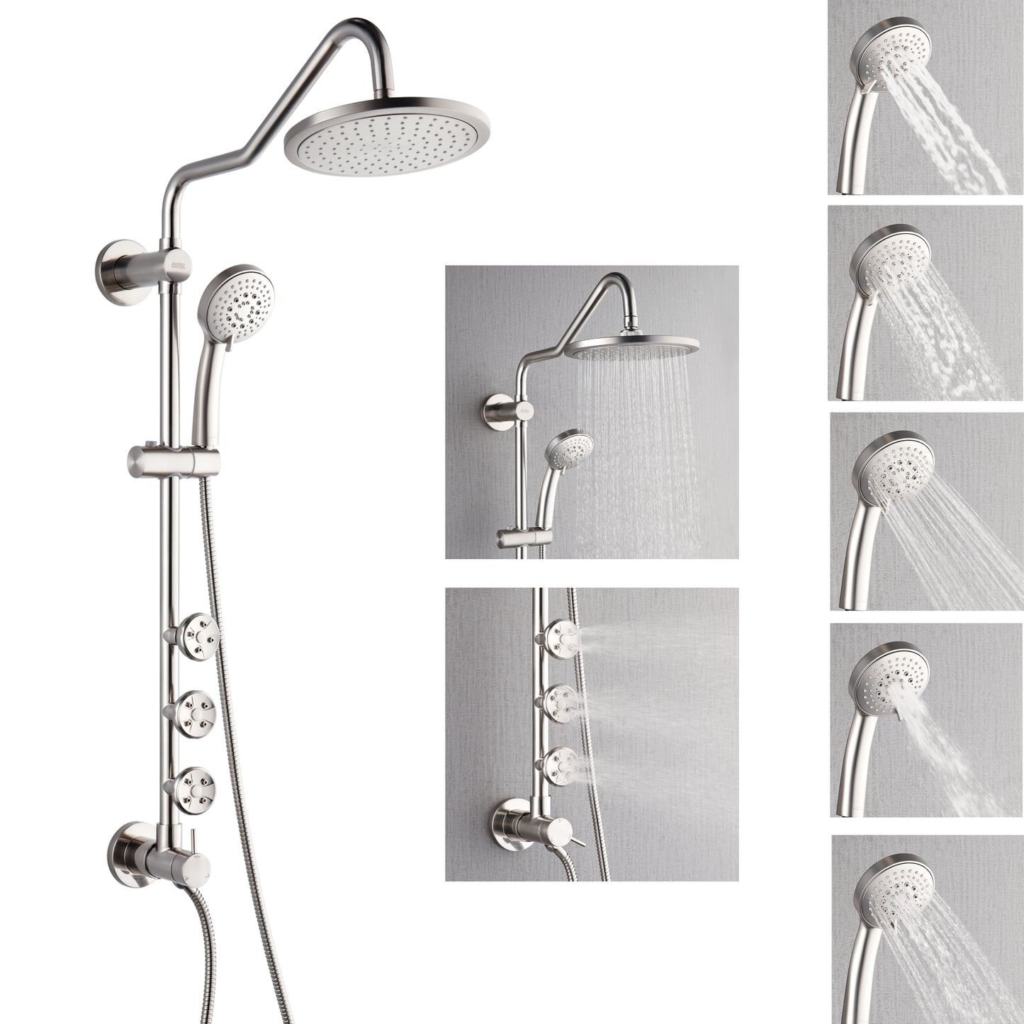 Forno Acqua AcquaSPA Retrofit Shower, Overhead Rainfall Shower, Handheld Shower Head, Body Jets, 6 Way Diverter, Brushed Nickel Finish, 2.5 GPM Flow Rate