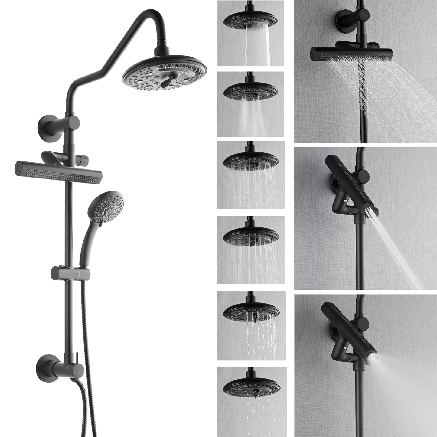 Forno Acqua AcquaFALL Shower, Matte Black Finish, Overhead Rainfall Shower, 7 Way Diverter, Handheld Shower Head, Body Jets, 2.5 GPM Flow Rate