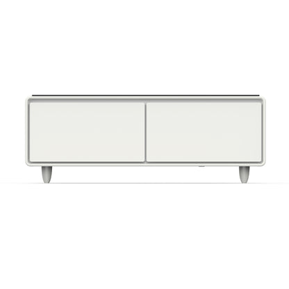 Table basse intelligente blanche Forno Evoluto Tavolo de 51 pouces – Deux tiroirs réfrigérés, audio Bluetooth 5.0, chargement sans fil et éclairage d'ambiance RVB