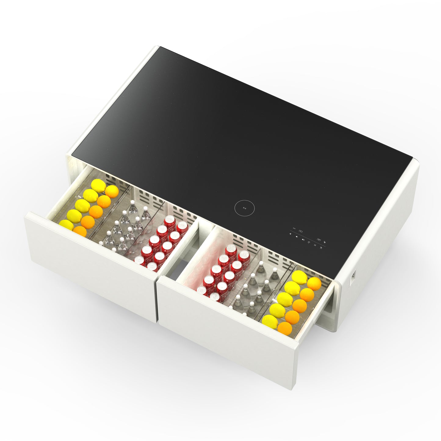 Table basse intelligente blanche Forno Evoluto Tavolo de 51 pouces – Deux tiroirs réfrigérés, audio Bluetooth 5.0, chargement sans fil et éclairage d'ambiance RVB