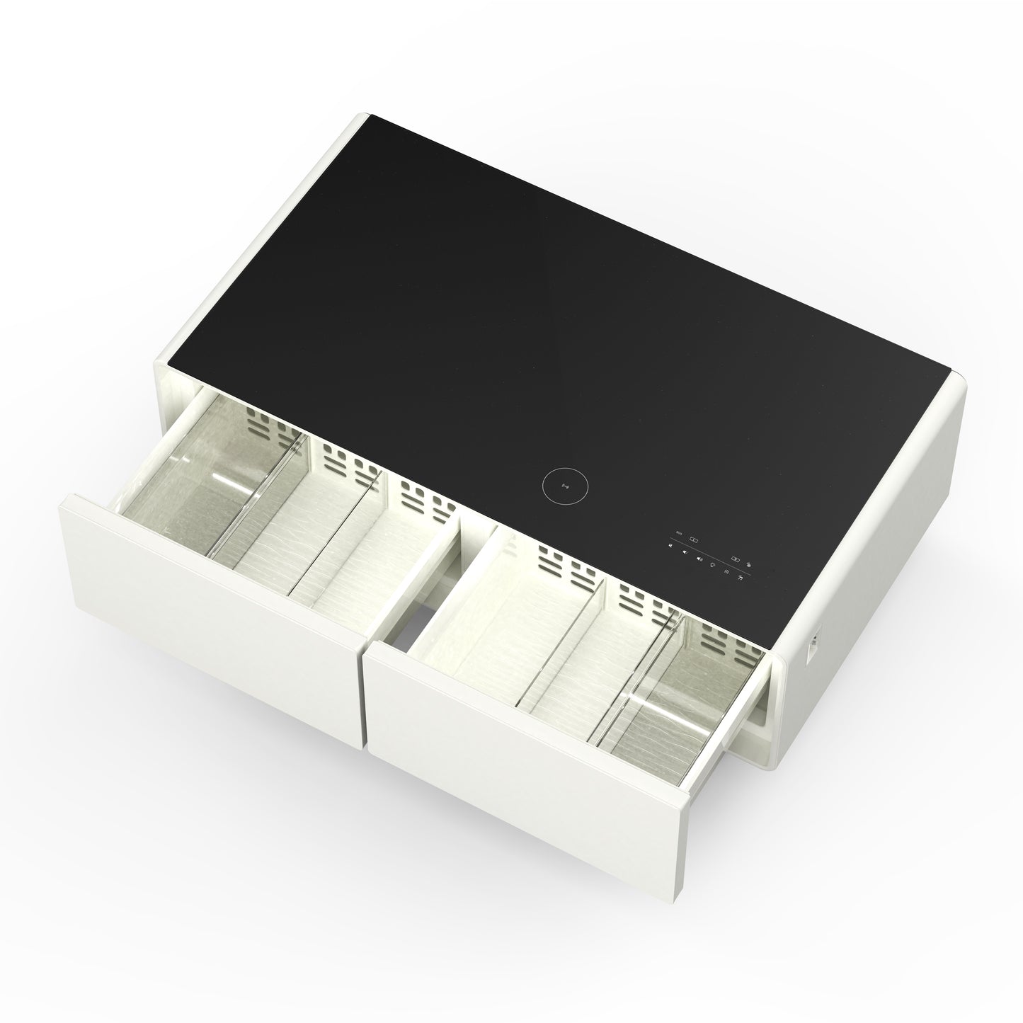 Table basse intelligente blanche Forno Evoluto Tavolo de 51 pouces – Deux tiroirs réfrigérés, audio Bluetooth 5.0, chargement sans fil et éclairage d'ambiance RVB