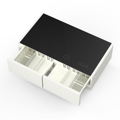 Table basse intelligente blanche Forno Evoluto Tavolo de 51 pouces – Deux tiroirs réfrigérés, audio Bluetooth 5.0, chargement sans fil et éclairage d'ambiance RVB