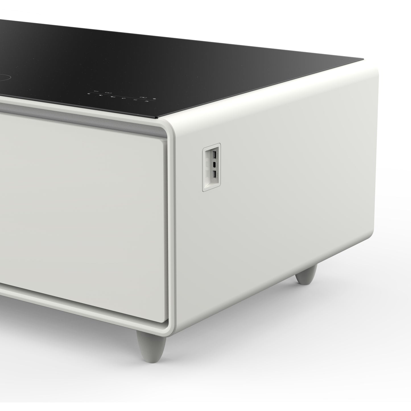 Table basse intelligente blanche Forno Evoluto Tavolo de 51 pouces – Deux tiroirs réfrigérés, audio Bluetooth 5.0, chargement sans fil et éclairage d'ambiance RVB