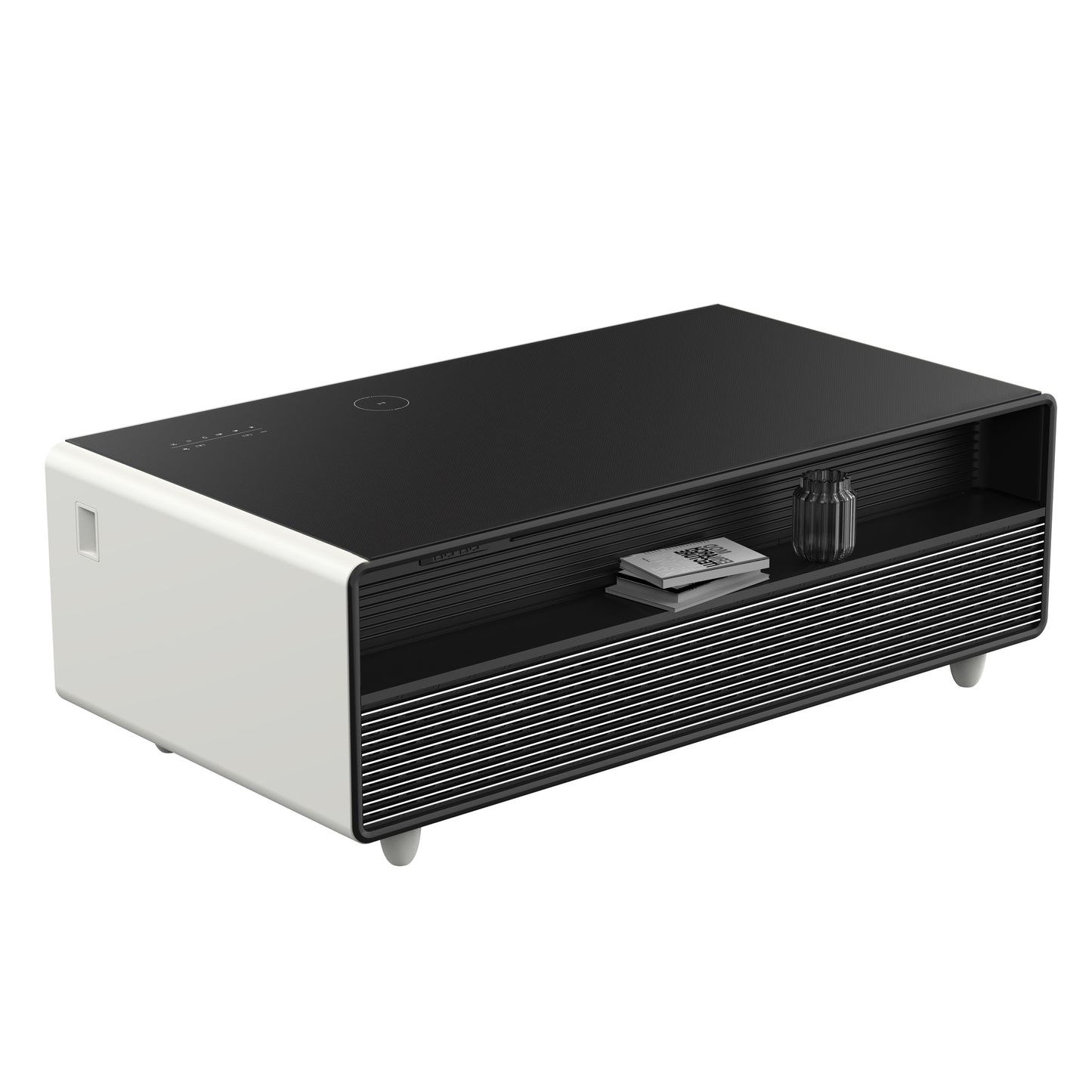 Table basse intelligente blanche Forno Evoluto Tavolo de 51 pouces – Deux tiroirs réfrigérés, audio Bluetooth 5.0, chargement sans fil et éclairage d'ambiance RVB