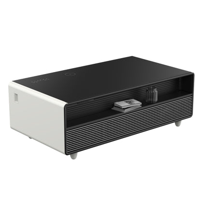 Table basse intelligente blanche Forno Evoluto Tavolo de 51 pouces – Deux tiroirs réfrigérés, audio Bluetooth 5.0, chargement sans fil et éclairage d'ambiance RVB