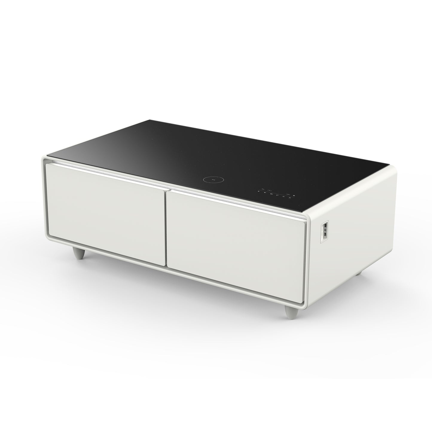 Table basse intelligente blanche Forno Evoluto Tavolo de 51 pouces – Deux tiroirs réfrigérés, audio Bluetooth 5.0, chargement sans fil et éclairage d'ambiance RVB