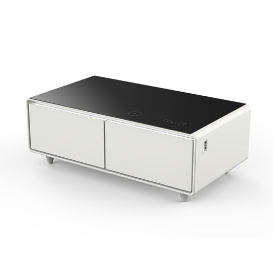 Table basse intelligente blanche Forno Evoluto Tavolo de 51 pouces – Deux tiroirs réfrigérés, audio Bluetooth 5.0, chargement sans fil et éclairage d'ambiance RVB