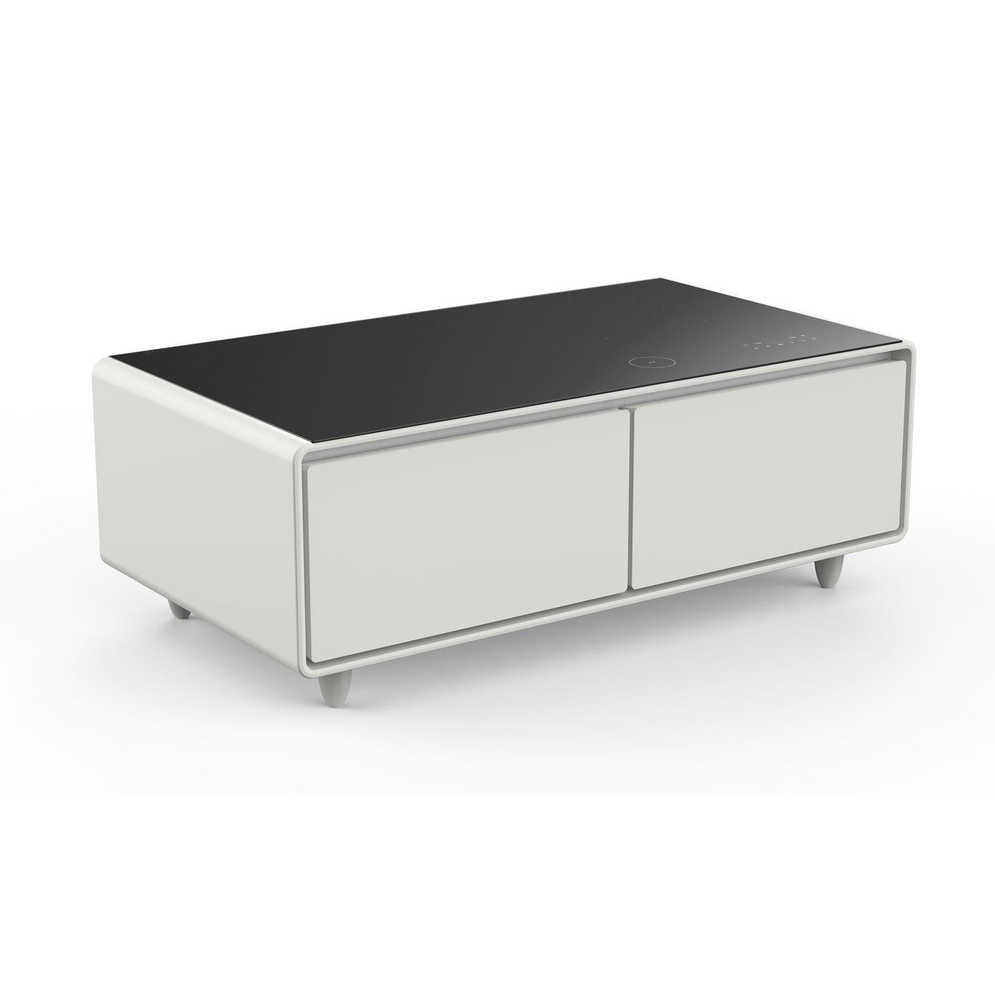 Table basse intelligente blanche Forno Evoluto Tavolo de 51 pouces – Deux tiroirs réfrigérés, audio Bluetooth 5.0, chargement sans fil et éclairage d'ambiance RVB