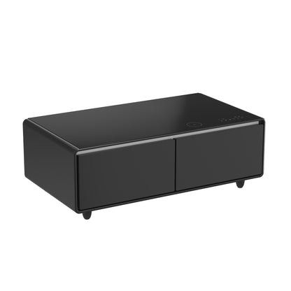 Table basse intelligente noire Forno Evoluto Tavolo de 51 pouces – Deux tiroirs réfrigérés, audio Bluetooth 5.0, chargement sans fil et éclairage d'ambiance RVB