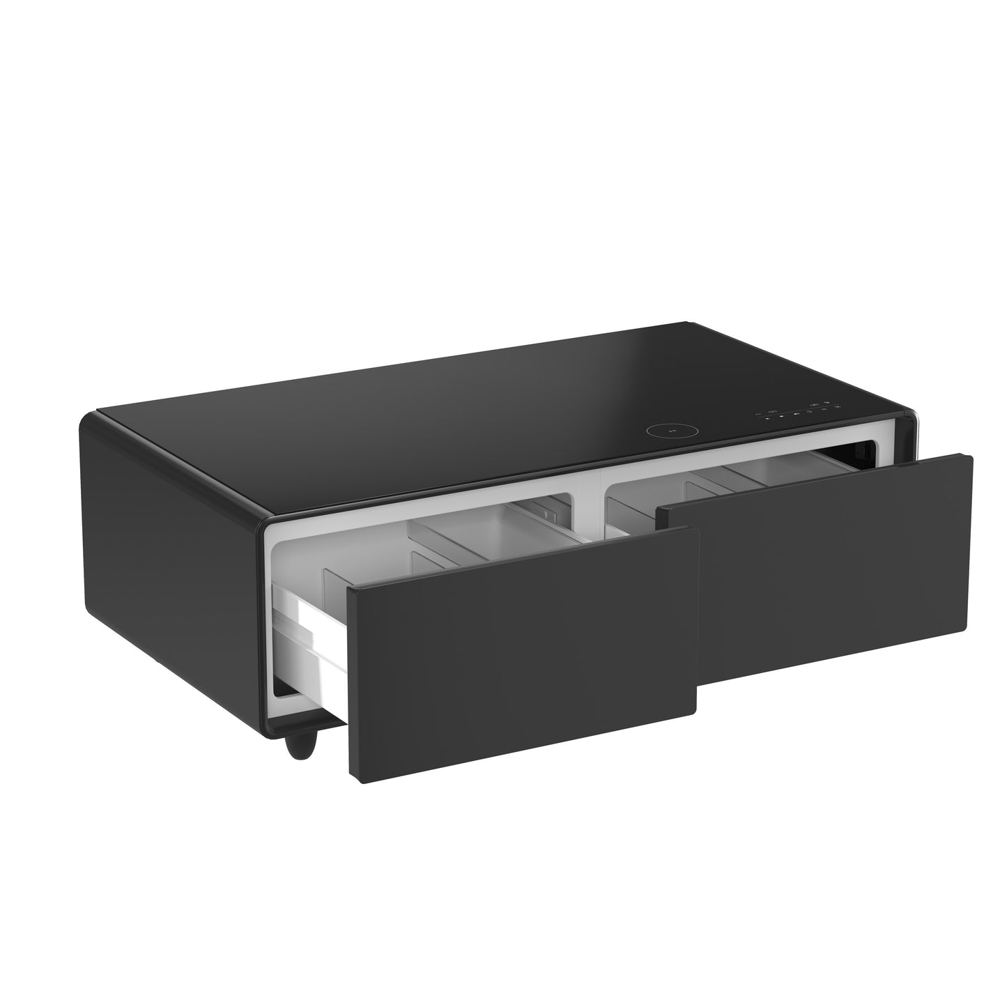 Table basse intelligente noire Forno Evoluto Tavolo de 51 pouces – Deux tiroirs réfrigérés, audio Bluetooth 5.0, chargement sans fil et éclairage d'ambiance RVB