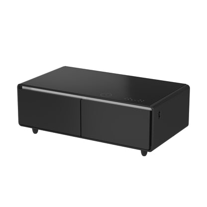 Table basse intelligente noire Forno Evoluto Tavolo de 51 pouces – Deux tiroirs réfrigérés, audio Bluetooth 5.0, chargement sans fil et éclairage d'ambiance RVB