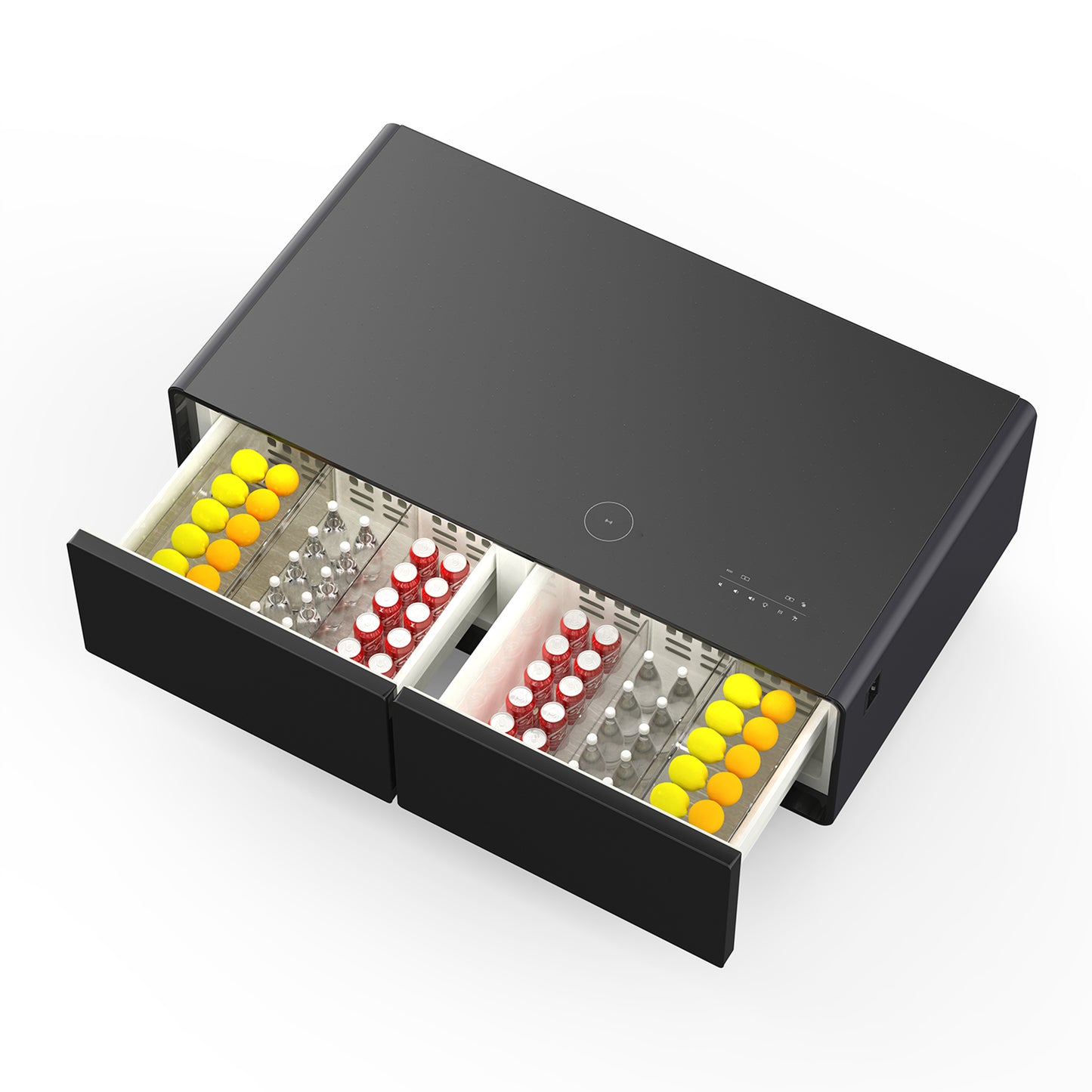 Table basse intelligente noire Forno Evoluto Tavolo de 51 pouces – Deux tiroirs réfrigérés, audio Bluetooth 5.0, chargement sans fil et éclairage d'ambiance RVB