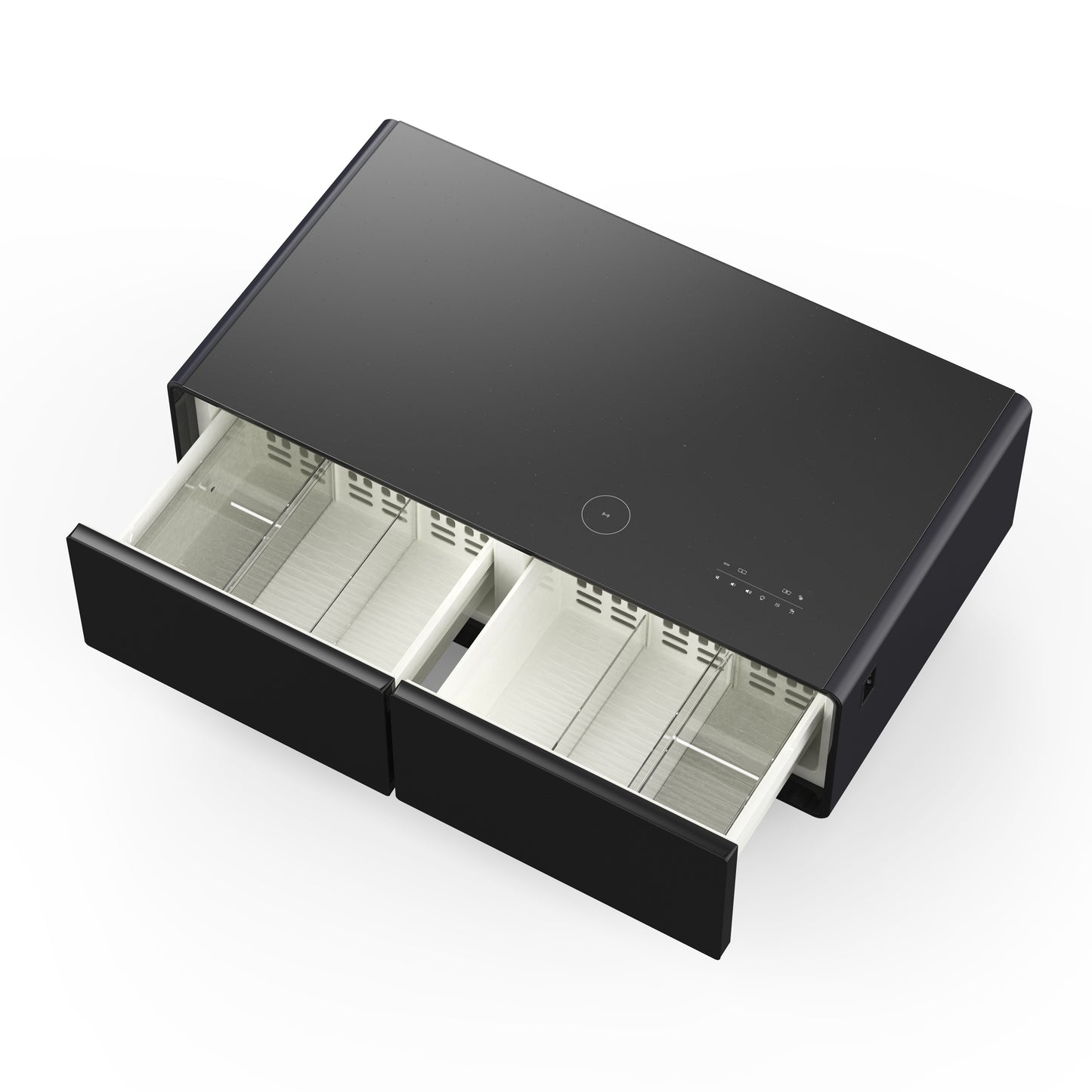 Table basse intelligente noire Forno Evoluto Tavolo de 51 pouces – Deux tiroirs réfrigérés, audio Bluetooth 5.0, chargement sans fil et éclairage d'ambiance RVB