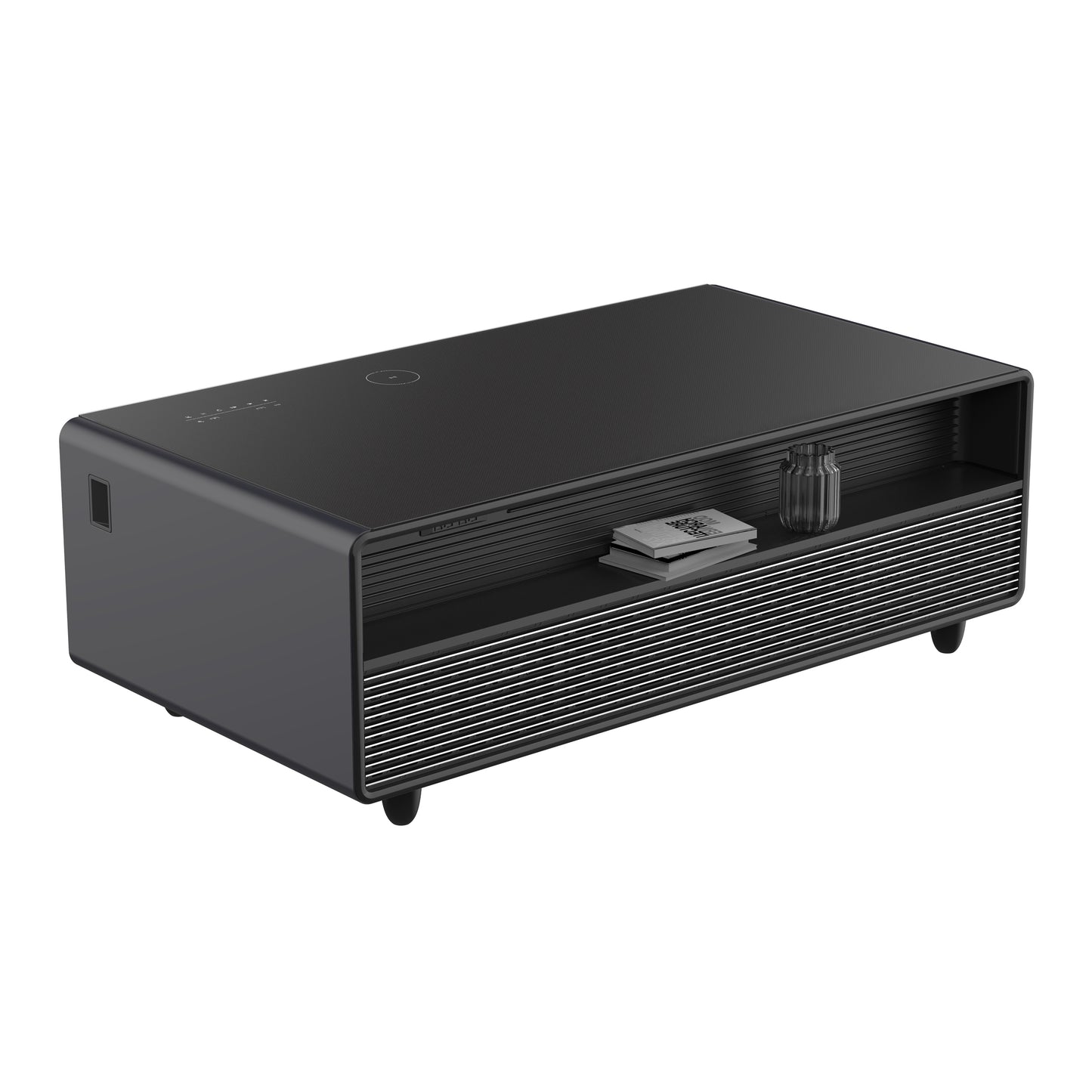 Table basse intelligente noire Forno Evoluto Tavolo de 51 pouces – Deux tiroirs réfrigérés, audio Bluetooth 5.0, chargement sans fil et éclairage d'ambiance RVB