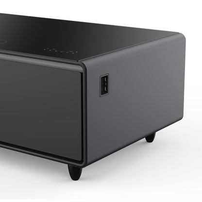 Table basse intelligente noire Forno Evoluto Tavolo de 51 pouces – Deux tiroirs réfrigérés, audio Bluetooth 5.0, chargement sans fil et éclairage d'ambiance RVB