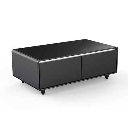 Table basse intelligente noire Forno Evoluto Tavolo de 51 pouces – Deux tiroirs réfrigérés, audio Bluetooth 5.0, chargement sans fil et éclairage d'ambiance RVB