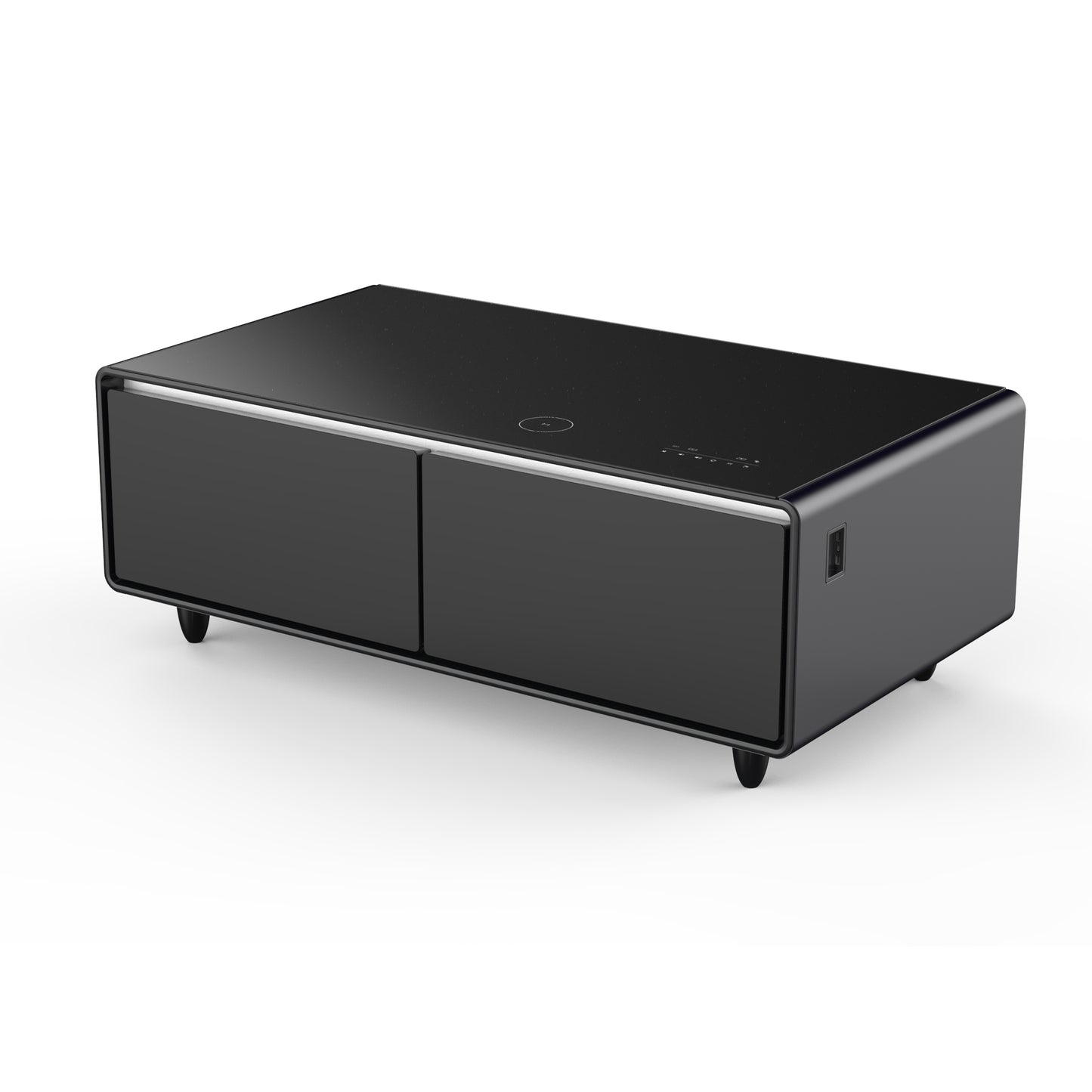 Table basse intelligente noire Forno Evoluto Tavolo de 51 pouces – Deux tiroirs réfrigérés, audio Bluetooth 5.0, chargement sans fil et éclairage d'ambiance RVB