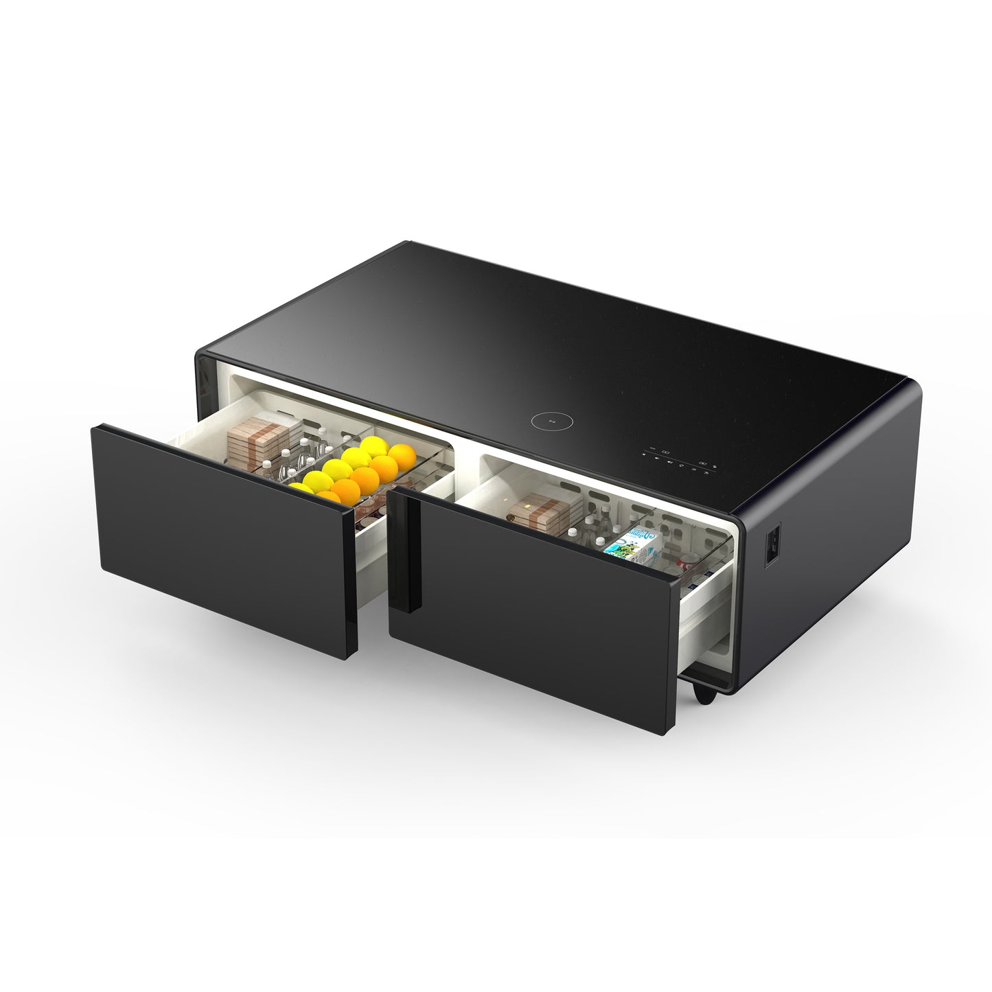 Table basse intelligente noire Forno Evoluto Tavolo de 51 pouces – Deux tiroirs réfrigérés, audio Bluetooth 5.0, chargement sans fil et éclairage d'ambiance RVB