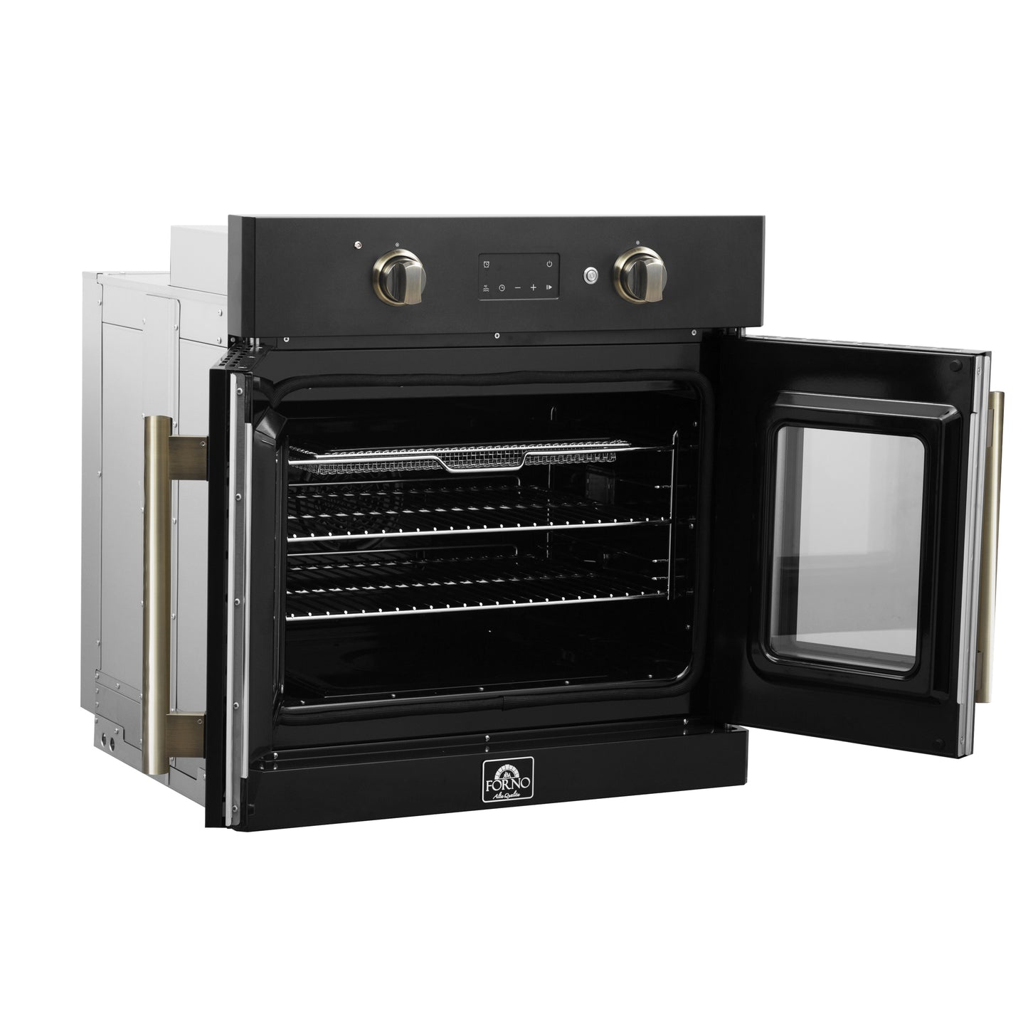 Horno eléctrico de pared Forno Asti de 30 pulgadas con puerta francesa en negro y latón antiguo, 3,68 pies cúbicos, convección real, 3600 W, freidora de aire, sous vide, autolimpieza