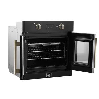 Horno eléctrico de pared Forno Asti de 30 pulgadas con puerta francesa en negro y latón antiguo, 3,68 pies cúbicos, convección real, 3600 W, freidora de aire, sous vide, autolimpieza