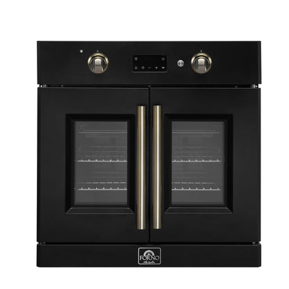 Horno eléctrico de pared Forno Asti de 30 pulgadas con puerta francesa en negro y latón antiguo, 3,68 pies cúbicos, convección real, 3600 W, freidora de aire, sous vide, autolimpieza