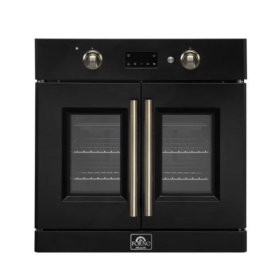 Horno eléctrico de pared Forno Asti de 30 pulgadas con puerta francesa en negro y latón antiguo, 3,68 pies cúbicos, convección real, 3600 W, freidora de aire, sous vide, autolimpieza
