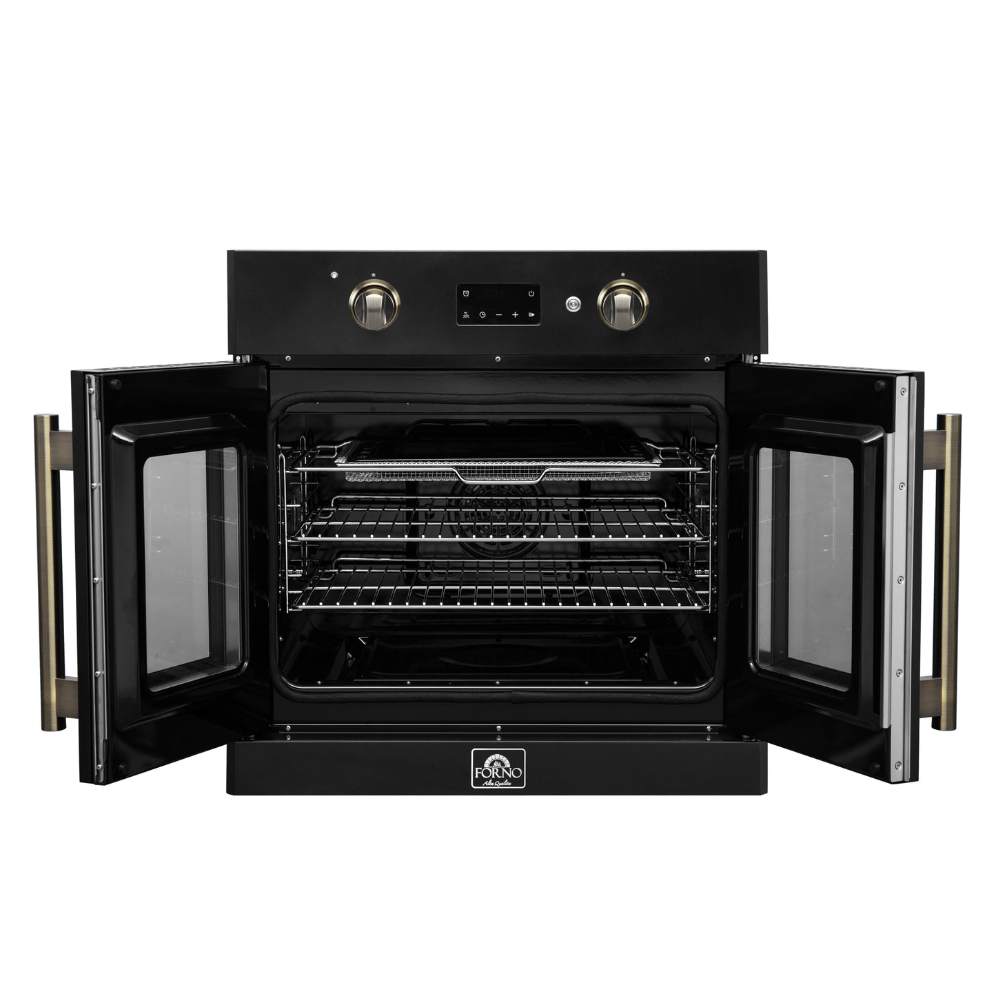 Horno eléctrico de pared Forno Asti de 30 pulgadas con puerta francesa en negro y latón antiguo, 3,68 pies cúbicos, convección real, 3600 W, freidora de aire, sous vide, autolimpieza