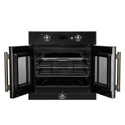 Horno eléctrico de pared Forno Asti de 30 pulgadas con puerta francesa en negro y latón antiguo, 3,68 pies cúbicos, convección real, 3600 W, freidora de aire, sous vide, autolimpieza