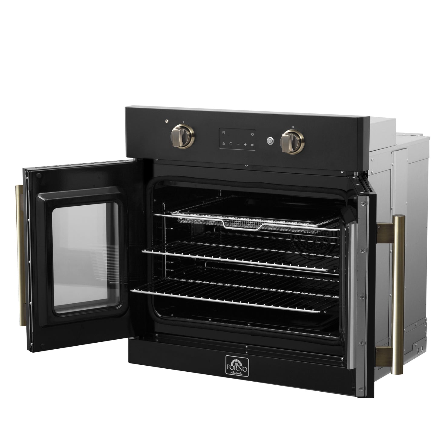 Horno eléctrico de pared Forno Asti de 30 pulgadas con puerta francesa en negro y latón antiguo, 3,68 pies cúbicos, convección real, 3600 W, freidora de aire, sous vide, autolimpieza