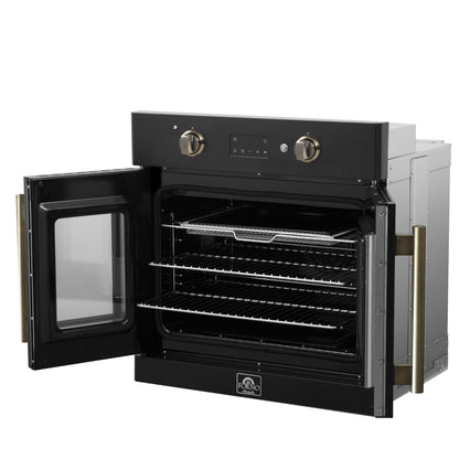 Horno eléctrico de pared Forno Asti de 30 pulgadas con puerta francesa en negro y latón antiguo, 3,68 pies cúbicos, convección real, 3600 W, freidora de aire, sous vide, autolimpieza