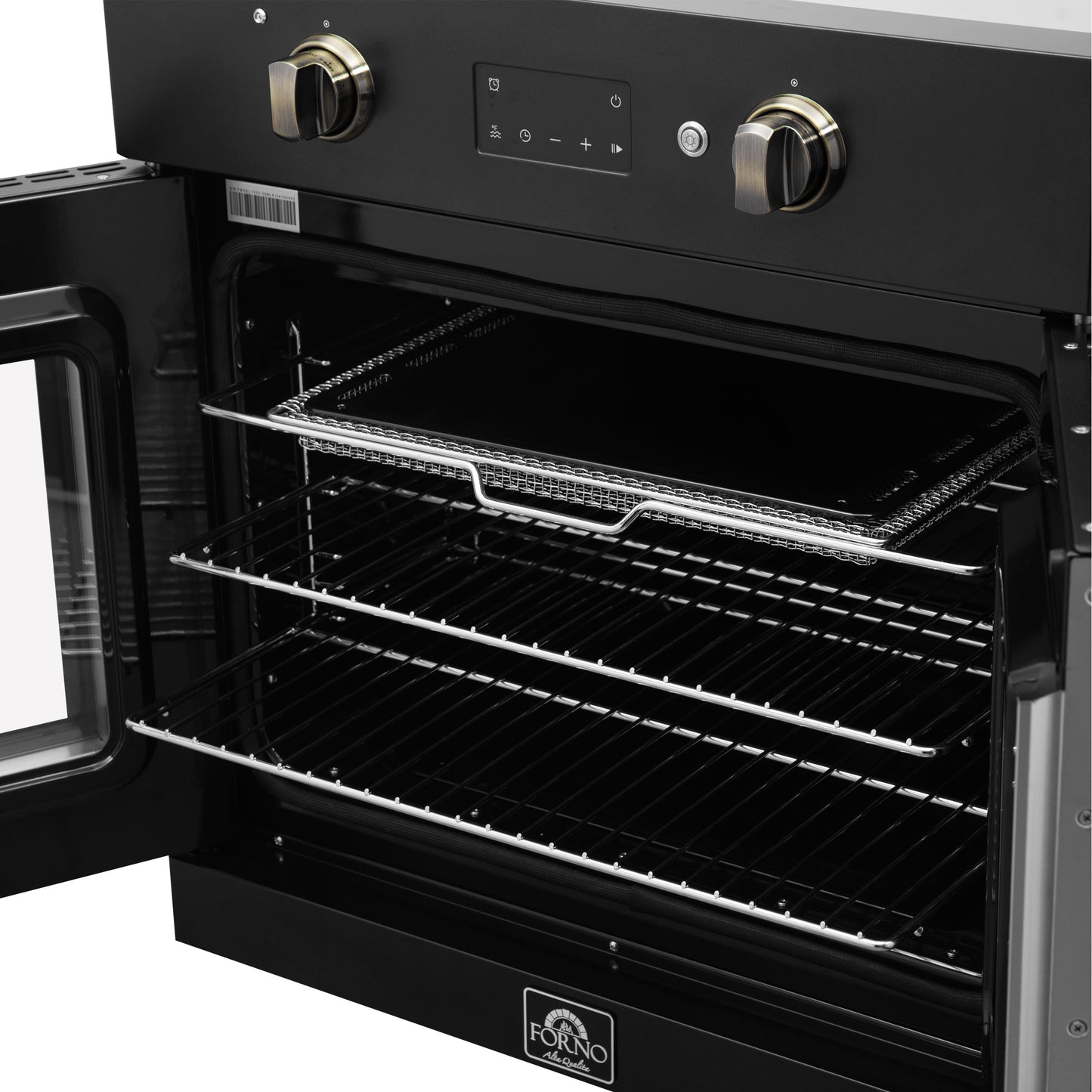 Horno eléctrico de pared Forno Asti de 30 pulgadas con puerta francesa en negro y latón antiguo, 3,68 pies cúbicos, convección real, 3600 W, freidora de aire, sous vide, autolimpieza