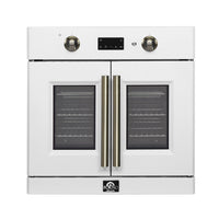 Four mural électrique à porte française Forno Asti de 76 cm (30 pouces) en blanc & Cuisinière en laiton antique, 3,68 pi³ (104 L), convection véritable, 3 600 W, friture à air chaud, cuisson sous vide, autonettoyante
